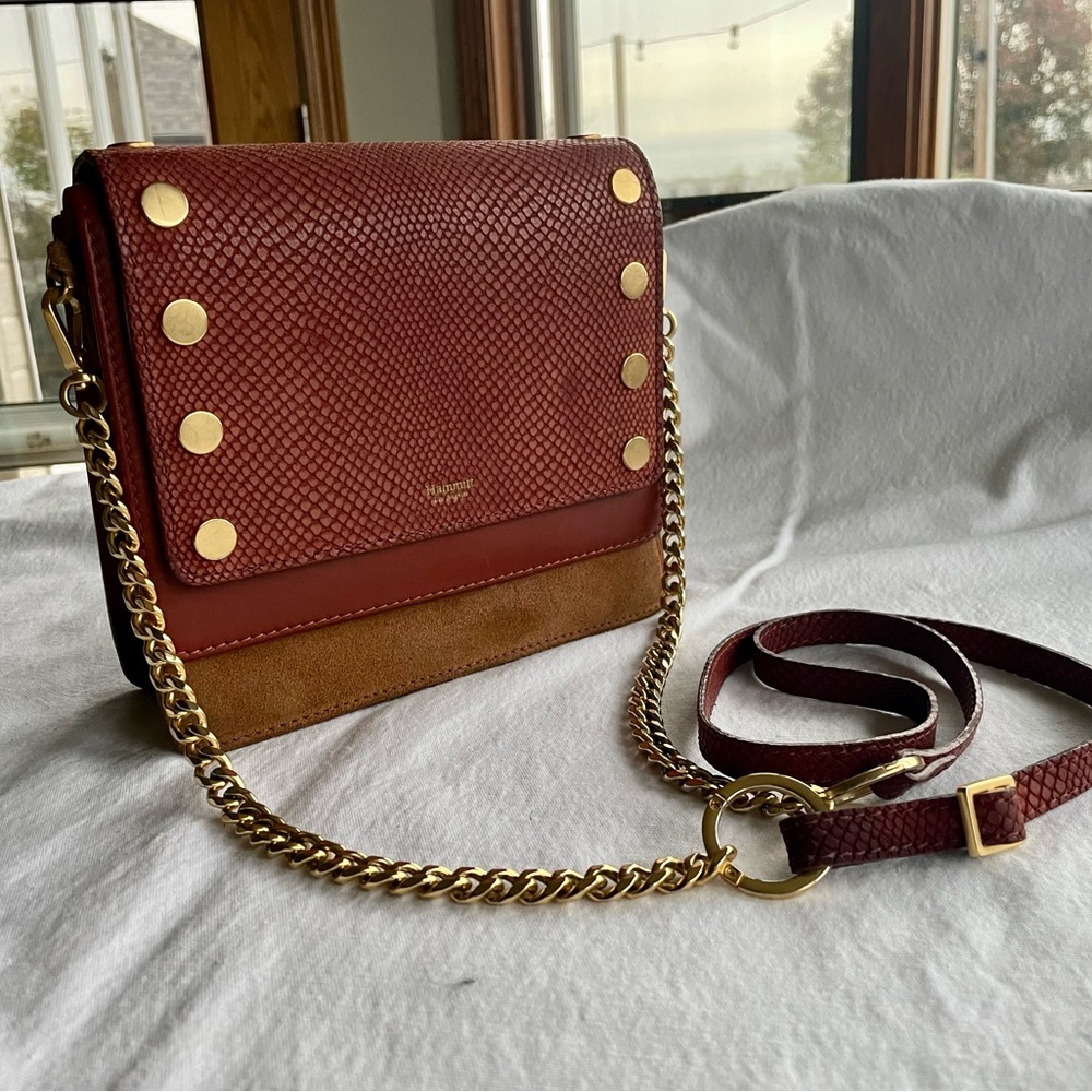 HAMMITT Jeffrey Cardiff Cranberry Leather Bag with Brushed Gold Accents